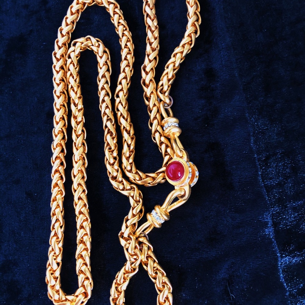 Vintage Gold-Tone Chain Necklace with Red Cabochon